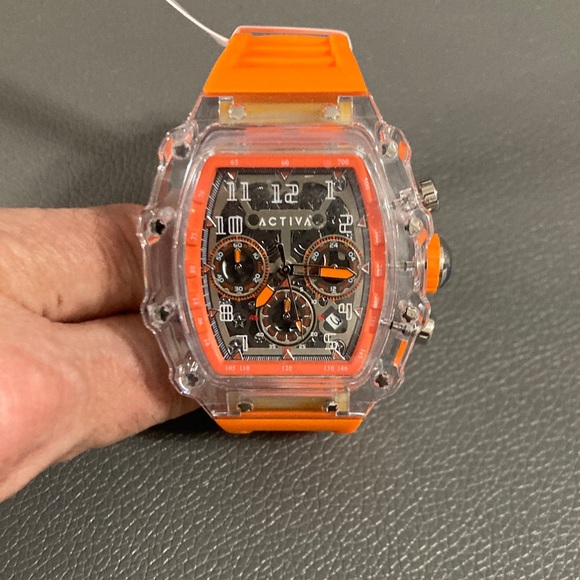 Activa Watch w/ Skeleton Dial 44.3mm, Orange strap/clear face (ACW2305-003)